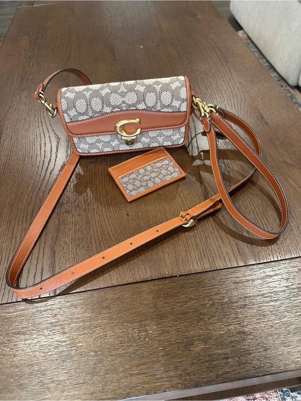 Coach Beige Signature Canvas Crossbody with Tan Leather Trim